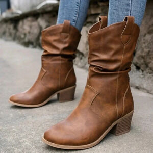 Patch Decor Fashion Boots Pointed Toe Block Heel Western Boots For Women